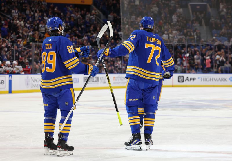 Feb 19, 2024; Buffalo, New York, USA;  Buffalo Sabres right wing Tage Thompson (72) celebrates his goal with teammates during the second period against the Anaheim Ducks at KeyBank Center. Mandatory Credit: Timothy T. Ludwig-USA TODAY Sports