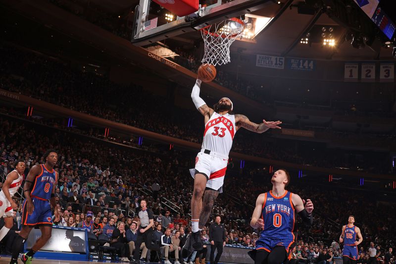 NEW YORK, NY - JANUARY 20: Gary Trent Jr. #33 of the Toronto Raptors drives to the basket during the game against the New York Knicks on January 20, 2024 at Madison Square Garden in New York City, New York.  NOTE TO USER: User expressly acknowledges and agrees that, by downloading and or using this photograph, User is consenting to the terms and conditions of the Getty Images License Agreement. Mandatory Copyright Notice: Copyright 2024 NBAE  (Photo by Nathaniel S. Butler/NBAE via Getty Images)