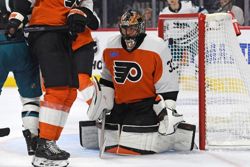 Nov 11, 2024; Philadelphia, Pennsylvania, USA; Philadelphia Flyers goaltender Samuel Ersson (33) allows goal by San Jose Sharks center Mikael Granlund (64) (not pictured) during the second period at Wells Fargo Center. Mandatory Credit: Eric Hartline-Imagn Images