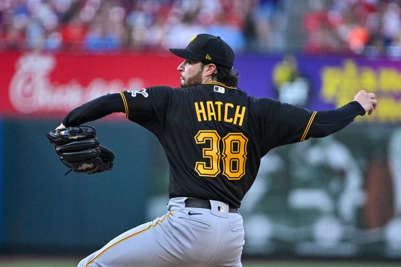 Sep 2, 2023; St. Louis, Missouri, USA;  Pittsburgh Pirates starting pitcher Thomas Hatch (38) pitches against the St. Louis Cardinals during the first inning at Busch Stadium. Mandatory Credit: Jeff Curry-USA TODAY Sports