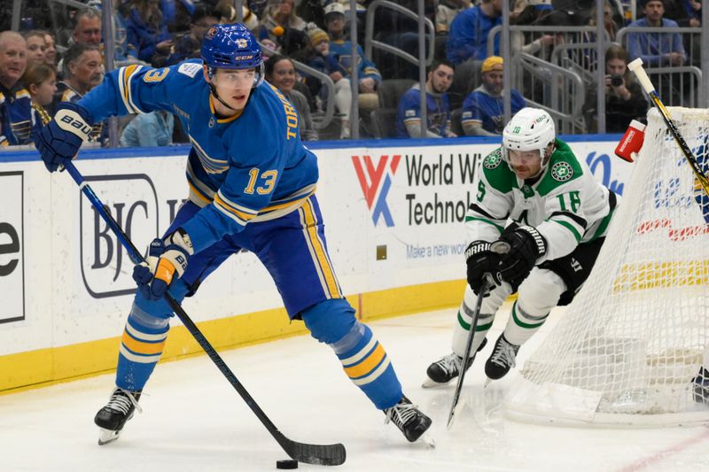 Jan 25, 2025; St. Louis, Missouri, USA; Dallas Stars center Sam Steel (18) pressures St. Louis Blues right wing Alexey Toropchenko (13) during the first period at Enterprise Center. Mandatory Credit: Jeff Le-Imagn Images