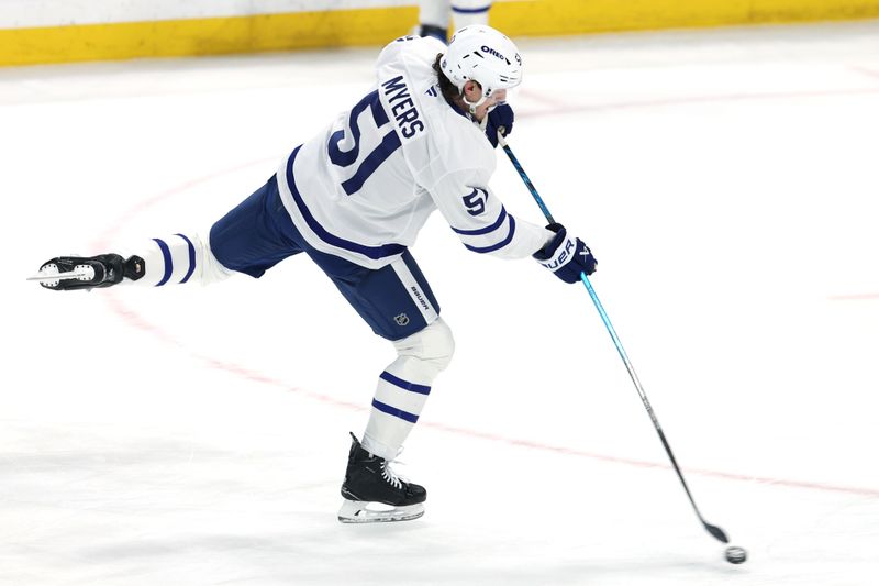 Jan 17, 2026; Winnipeg, Manitoba, CAN; Toronto Maple Leafs defenseman Philippe Myers (51) warm up before a game against the Winnipeg Jets at Canada Life Centre. Mandatory Credit: James Carey Lauder-Imagn Images