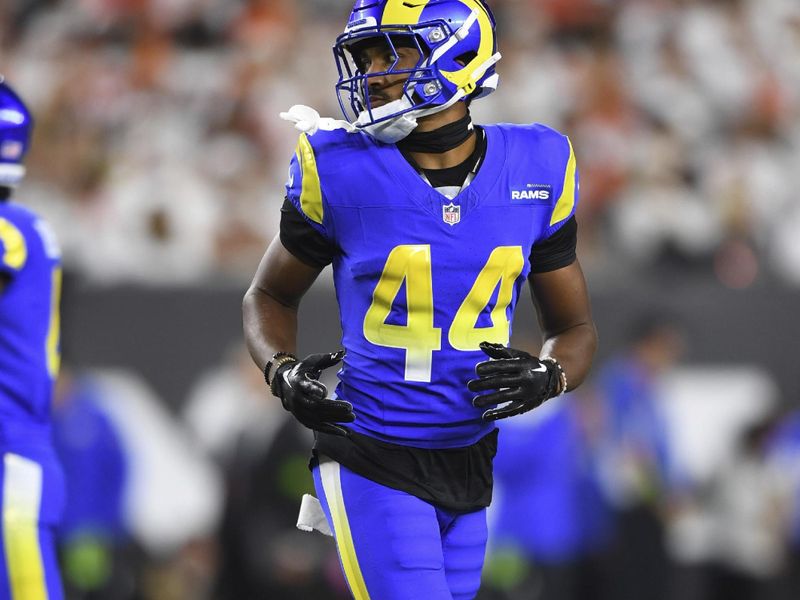 Los Angeles Rams cornerback Ahkello Witherspoon (44) lines up for the play during an NFL football game against the Cincinnati Bengals on Monday, Sept. 25, 2023, in Cincinnati. (AP Photo/Emilee Chinn)