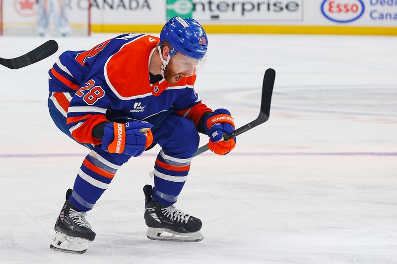 May 1, 2025; Edmonton, Alberta, CAN; Edmonton Oilers forward Connor Brown (28) celebrates after scoring a goal, during the first period against the Los Angelos Kings in game six of the first round of the 2025 Stanley Cup Playoffs at Rogers Place. Mandatory Credit: Perry Nelson-Imagn Images