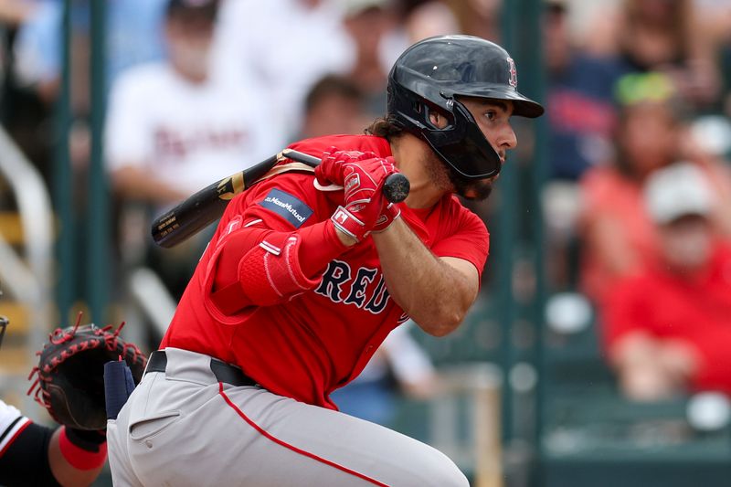 Mar 6, 2024; Fort Myers, Florida, USA;  Boston Red Sox right fielder Wilyer Abreu (52) breaks his bat on a ground ball against the Minnesota Twins in the sixth inning at Hammond Stadium. Mandatory Credit: Nathan Ray Seebeck-USA TODAY Sports