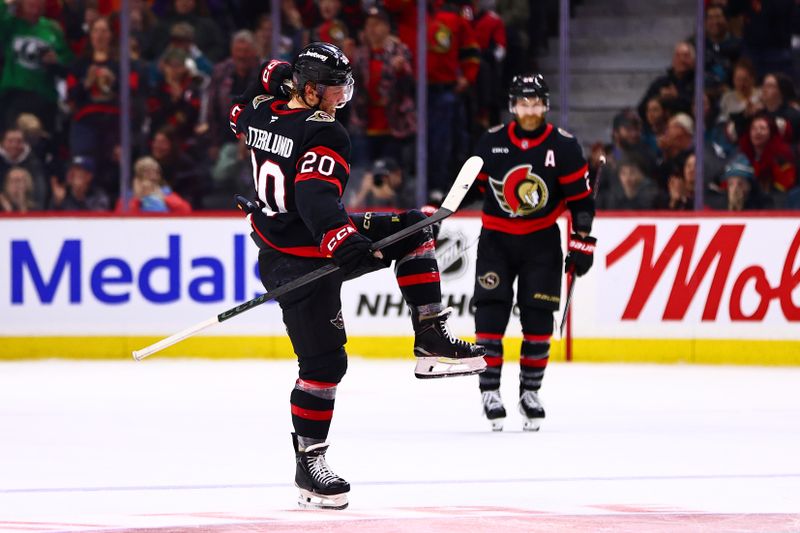 Mar 15, 2026; Ottawa, Ontario, CAN; Ottawa Senators left wing Fabian Zetterlund (20) celebrates his goal during the second period at Canadian Tire Centre. Mandatory Credit: Keito Newman-Imagn Images