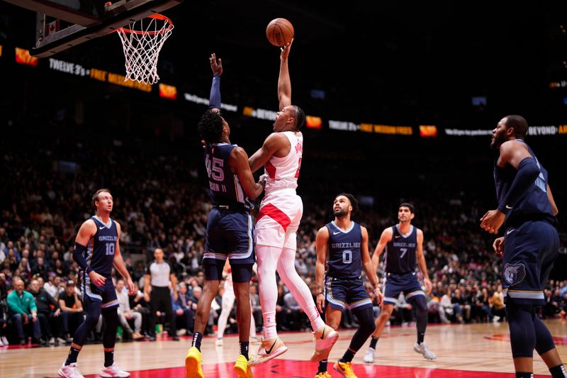 TORONTO, CANADA - JANUARY 22: Scottie Barnes #4 of the Toronto Raptors shoots the ball during the game against the Memphis Grizzlies on January 22, 2024 at the Scotiabank Arena in Toronto, Ontario, Canada.  NOTE TO USER: User expressly acknowledges and agrees that, by downloading and or using this Photograph, user is consenting to the terms and conditions of the Getty Images License Agreement.  Mandatory Copyright Notice: Copyright 2024 NBAE (Photo by Mark Blinch/NBAE via Getty Images)