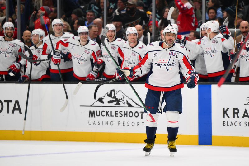 Jan 23, 2025; Seattle, Washington, USA; Washington Capitals left wing Alex Ovechkin (8) reacts after scoring an empty net goal against the Seattle Kraken during the third period at Climate Pledge Arena. Mandatory Credit: Steven Bisig-Imagn Images