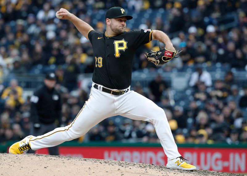 Apr 7, 2023; Pittsburgh, Pennsylvania, USA;  Pittsburgh Pirates relief pitcher Wil Crowe (29) pitches against the Chicago White Sox during the ninth inning at PNC Park. The Pirates won 13-9. Mandatory Credit: Charles LeClaire-USA TODAY Sports