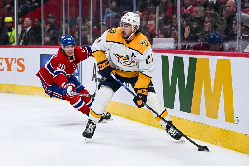 Dec 10, 2023; Montreal, Quebec, CAN; Nashville Predators defenseman Ryan McDonagh (27) defends the puck against Montreal Canadiens left wing Juraj Slafkovsky (20) during the third period at Bell Centre. Mandatory Credit: David Kirouac-USA TODAY Sports