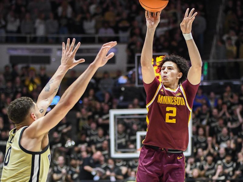 Feb 15, 2024; West Lafayette, Indiana, USA; Minnesota Golden Gophers guard Mike Mitchell Jr. (2) attempts a shot over Purdue Boilermakers forward Mason Gillis (0) during the first half at Mackey Arena. Mandatory Credit: Robert Goddin-USA TODAY Sports