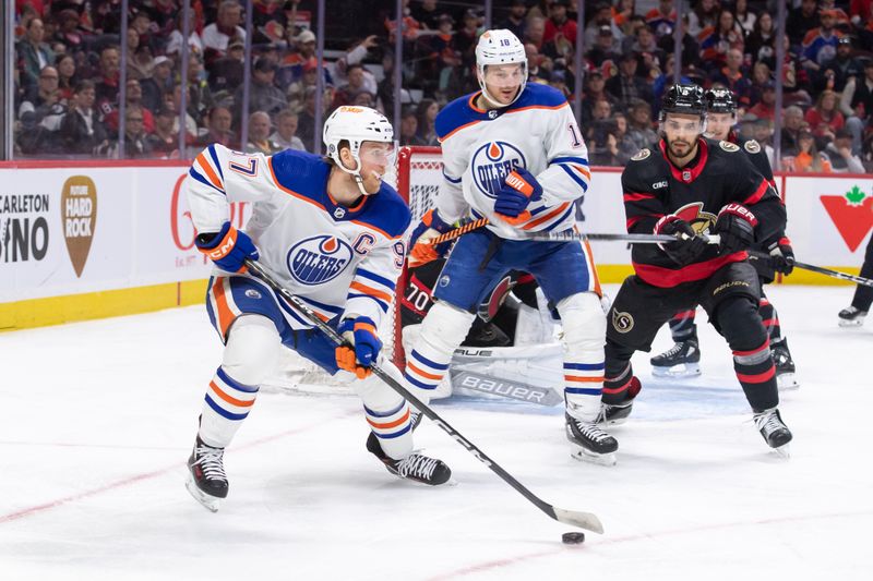 Mar 24, 2024; Ottawa, Ontario, CAN; Edmonton Oilers center Connor McDavid (87) skates with the puck in front of  Ottawa Senators goalie Joonas Korpisalo (70) in the second period at the Canadian Tire Centre. Mandatory Credit: Marc DesRosiers-USA TODAY Sports