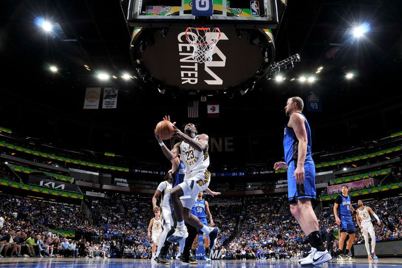 ORLANDO, FL - MARCH 10: Aaron Nesmith #23 of the Indiana Pacers goes to the basket during the game on March 10, 2024 at Amway Center in Orlando, Florida. NOTE TO USER: User expressly acknowledges and agrees that, by downloading and or using this photograph, User is consenting to the terms and conditions of the Getty Images License Agreement. Mandatory Copyright Notice: Copyright 2024 NBAE (Photo by Fernando Medina/NBAE via Getty Images)