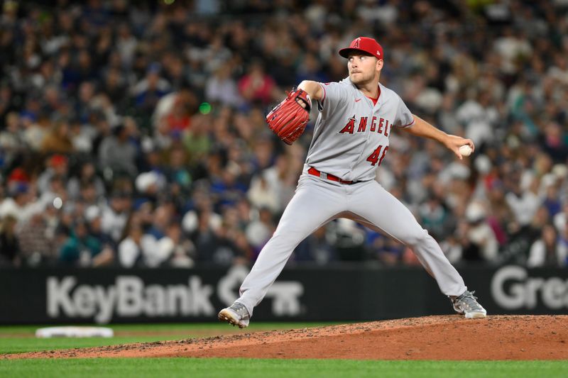 Sep 11, 2023; Seattle, Washington, USA; Los Angeles Angels starting pitcher Reid Detmers (48) pitches to the Seattle Mariners during the seventh inning at T-Mobile Park. Mandatory Credit: Steven Bisig-USA TODAY Sports