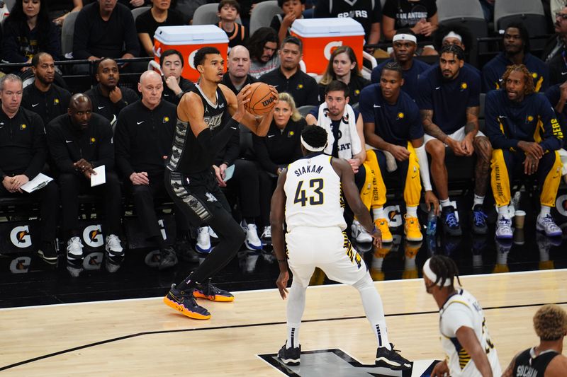 SAN ANTONIO, TX - MARCH 3: Victor Wembanyama #1 of the San Antonio Spurs shoots the ball during the game against the Indiana Pacers on March 3, 2024 at the AT&T Center in San Antonio, Texas. NOTE TO USER: User expressly acknowledges and agrees that, by downloading and or using this photograph, user is consenting to the terms and conditions of the Getty Images License Agreement. Mandatory Copyright Notice: Copyright 2024 NBAE (Photos by Cooper Neill/NBAE via Getty Images)