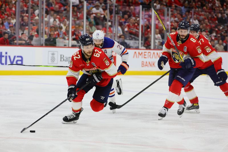 Jun 24, 2024; Sunrise, Florida, USA; Florida Panthers defenseman Brandon Montour (62) controls the puck against Edmonton Oilers during the third period in game seven of the 2024 Stanley Cup Final at Amerant Bank Arena. Mandatory Credit: Sam Navarro-USA TODAY Sports