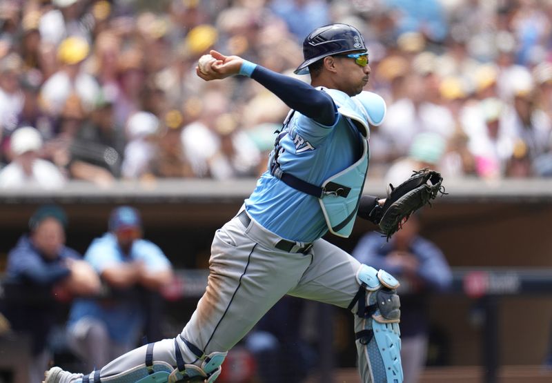 Jun 18, 2023; San Diego, California, USA;  Tampa Bay Rays catcher Christian Bethancourt (14) throws to second base against the San Diego Padres during the third inning at Petco Park. Mandatory Credit: Ray Acevedo-USA TODAY Sports