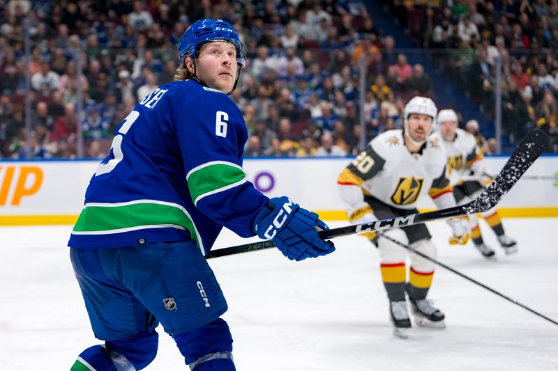 Apr 8, 2024; Vancouver, British Columbia, CAN; Vancouver Canucks forward Brock Boeser (6) looks for the defelected puck against the Vegas Golden Knights in the third period at Rogers Arena. Canucks won 4 -3. Mandatory Credit: Bob Frid-USA TODAY Sports