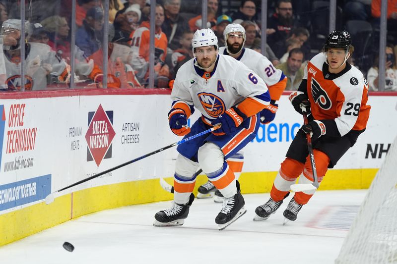Oct 25, 2025; Philadelphia, Pennsylvania, USA; New York Islanders defenseman Ryan Pulock (6) chases the puck against the Philadelphia Flyers in the second period at Xfinity Mobile Arena. Mandatory Credit: Kyle Ross-Imagn Images