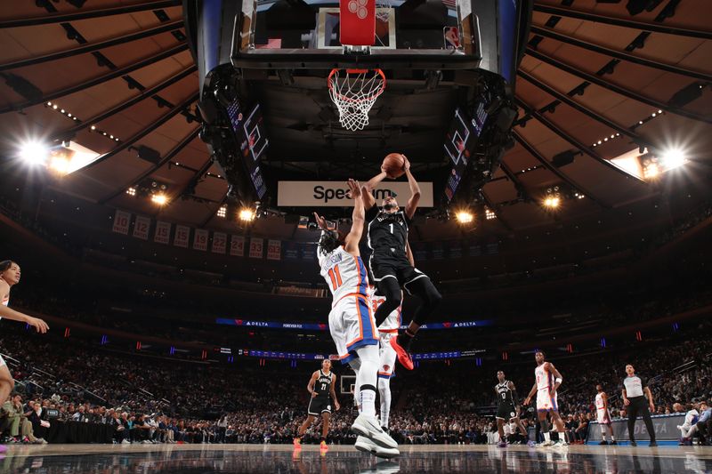 NEW YORK, NY - NOVEMBER 17: Ziaire Williams #1 of the Brooklyn Nets drives to the basket during the game against the New York Knicks on November 17, 2024 at Madison Square Garden in New York City, New York.  NOTE TO USER: User expressly acknowledges and agrees that, by downloading and or using this photograph, User is consenting to the terms and conditions of the Getty Images License Agreement. Mandatory Copyright Notice: Copyright 2024 NBAE  (Photo by Nathaniel S. Butler/NBAE via Getty Images)