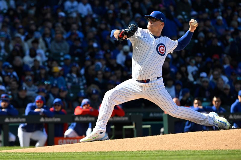 Apr 6, 2024; Chicago, Illinois, USA;  Chicago Cubs pitcher Jordan Wicks (36) delivers during the first inning against the Los Angeles Dodgers at Wrigley Field. Mandatory Credit: Matt Marton-USA TODAY Sports