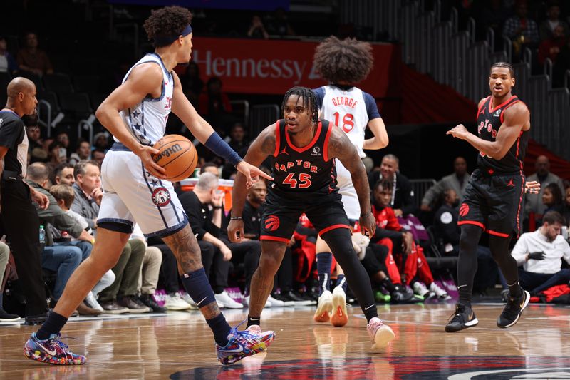 WASHINGTON, DC -?JANUARY 29: Davion Mitchell #45 of the Toronto Raptors plays defense during the game against the Washington Wizards on January 29, 2025 at Capital One Arena in Washington, DC. NOTE TO USER: User expressly acknowledges and agrees that, by downloading and or using this Photograph, user is consenting to the terms and conditions of the Getty Images License Agreement. Mandatory Copyright Notice: Copyright 2025 NBAE (Photo by Stephen Gosling/NBAE via Getty Images)