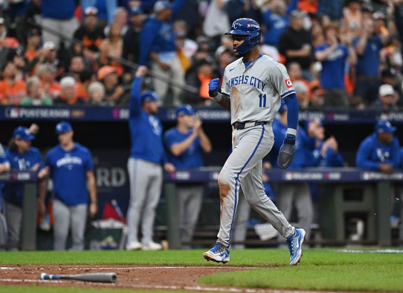 Oct 1, 2024; Baltimore, Maryland, USA; Kansas City Royals third baseman Maikel Garcia (11) scores a run against the Baltimore Orioles in the sixth inning in game one of the Wild Card round for the 2024 MLB Playoffs at Oriole Park at Camden Yards. Mandatory Credit: Tommy Gilligan-Imagn Images