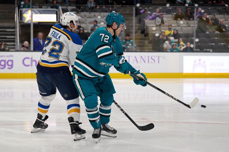 Nov 16, 2023; San Jose, California, USA; San Jose Sharks center William Eklund (72) deflects the puck against St. Louis Blues defenseman Justin Faulk (72) and scores a goal during the second period at SAP Center at San Jose. Mandatory Credit: Robert Edwards-USA TODAY Sports