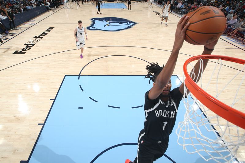 MEMPHIS, TN - OCTOBER 30: Ziaire Williams #1 of the Brooklyn Nets dunks the ball during the game against the Memphis Grizzlies on October 30, 2024 at FedExForum in Memphis, Tennessee. NOTE TO USER: User expressly acknowledges and agrees that, by downloading and or using this photograph, User is consenting to the terms and conditions of the Getty Images License Agreement. Mandatory Copyright Notice: Copyright 2024 NBAE (Photo by Joe Murphy/NBAE via Getty Images)