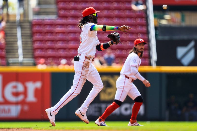 Aug 30, 2024; Cincinnati, Ohio, USA; Cincinnati Reds shortstop Elly De La Cruz (44) throws to first to get Milwaukee Brewers third baseman Joey Ortiz (not pictured) out in the second inning at Great American Ball Park. Mandatory Credit: Katie Stratman-USA TODAY Sports