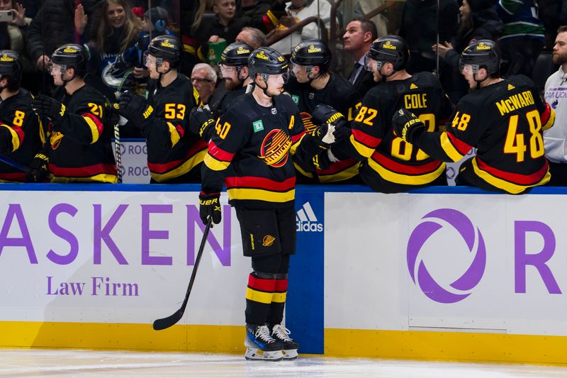 Nov 28, 2023; Vancouver, British Columbia, CAN; Vancouver Canucks forward Elias Pettersson (40) celebrates his goal against the Anaheim Ducks in the third period at Rogers Arena. Vancouver won 3-1. Mandatory Credit: Bob Frid-USA TODAY Sports