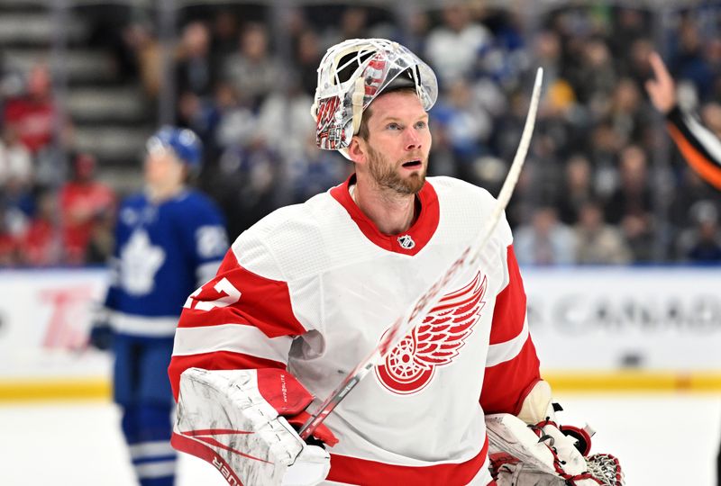 Jan 14, 2024; Toronto, Ontario, CAN;  Detroit Red Wings goalie James Reimer (47) skates back to his goal after a time out in the third period against the Toronto Maple Leafs at Scotiabank Arena. Mandatory Credit: Dan Hamilton-USA TODAY Sports