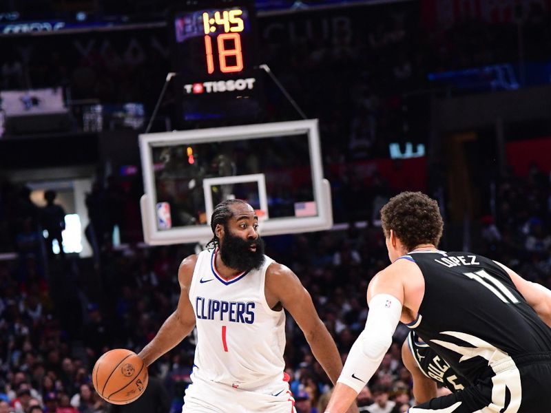 LOS ANGELES, CA - MARCH 10: James Harden #1 of the LA Clippers dribbles the ball during the game against the Milwaukee Bucks on March 10, 2024 at Crypto.Com Arena in Los Angeles, California. NOTE TO USER: User expressly acknowledges and agrees that, by downloading and/or using this Photograph, user is consenting to the terms and conditions of the Getty Images License Agreement. Mandatory Copyright Notice: Copyright 2024 NBAE (Photo by Adam Pantozzi/NBAE via Getty Images)