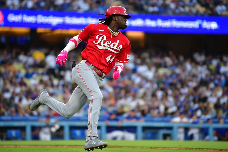 Jul 29, 2023; Los Angeles, California, USA; Cincinnati Reds shortstop Elly De La Cruz (44) runs after hitting a double against the Los Angeles Dodgers during the sixth inning at Dodger Stadium. Mandatory Credit: Gary A. Vasquez-USA TODAY Sports