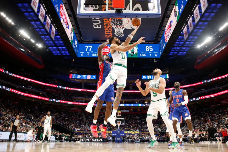 DETROIT, MI - OCTOBER 26: Jayson Tatum #0 of the Boston Celtics shoots the ball during the game against the Detroit Pistons during a regular season game on October 26, 2024 at Little Caesars Arena in Detroit, Michigan. NOTE TO USER: User expressly acknowledges and agrees that, by downloading and/or using this photograph, User is consenting to the terms and conditions of the Getty Images License Agreement. Mandatory Copyright Notice: Copyright 2024 NBAE (Photo by Brian Sevald/NBAE via Getty Images)