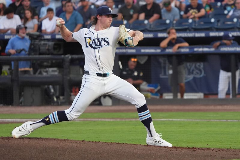 Jun 5, 2025; Tampa, Florida, USA; Tampa Bay Rays pitcher Ryan Pepiot (44) throws a pitch against the Texas Rangers during the second inning at George M. Steinbrenner Field. Mandatory Credit: Dave Nelson-Imagn Images