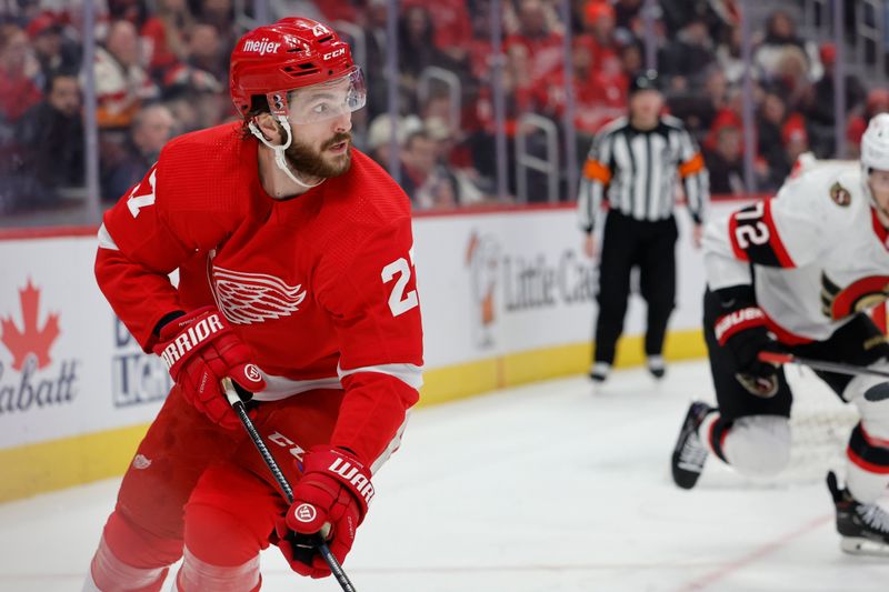 Jan 31, 2024; Detroit, Michigan, USA;  Detroit Red Wings center Michael Rasmussen (27) skates in the first period against the Ottawa Senators at Little Caesars Arena. Mandatory Credit: Rick Osentoski-USA TODAY Sports