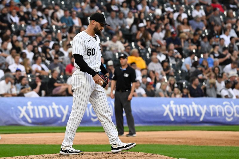 Jul 27, 2024; Chicago, Illinois, USA;  Chicago White Sox pitcher Justin Anderson (60) looks on after Seattle Mariners catcher Cal Raleigh (not pictured) hit a home run during the fifth inning at Guaranteed Rate Field. Mandatory Credit: Matt Marton-USA TODAY Sports