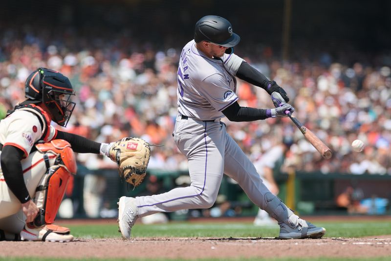 Jul 28, 2024; San Francisco, California, USA; Colorado Rockies outfielder Hunter Goodman (15) hits an RBI single against the San Francisco Giants during the sixth inning at Oracle Park. Mandatory Credit: Robert Edwards-USA TODAY Sports