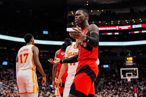 TORONTO, ON - DECEMBER 13: Dennis Schroder #17 of the Toronto Raptors reacts against the Atlanta Hawks during second half NBA action at Scotiabank Arena on December 13, 2023 in Toronto, Ontario, Canada. NOTE TO USER: User expressly acknowledges and agrees that, by downloading and/or using this Photograph, user is consenting to the terms and conditions of the Getty Images License Agreement. (Photo by Andrew Lahodynskyj/Getty Images)