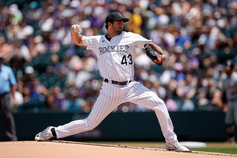 Jul 2, 2023; Denver, Colorado, USA; Colorado Rockies starting pitcher Connor Seabold (43) pitches in the first inning against the Detroit Tigers at Coors Field. Mandatory Credit: Isaiah J. Downing-USA TODAY Sports