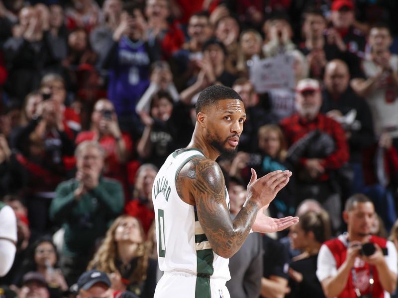 PORTLAND, OR - JANUARY 31:  Damian Lillard #0 of the Milwaukee Bucks looks on during the game on January 31, 2024 at the Moda Center Arena in Portland, Oregon. NOTE TO USER: User expressly acknowledges and agrees that, by downloading and or using this photograph, user is consenting to the terms and conditions of the Getty Images License Agreement. Mandatory Copyright Notice: Copyright 2024 NBAE (Photo by Cameron Browne/NBAE via Getty Images)