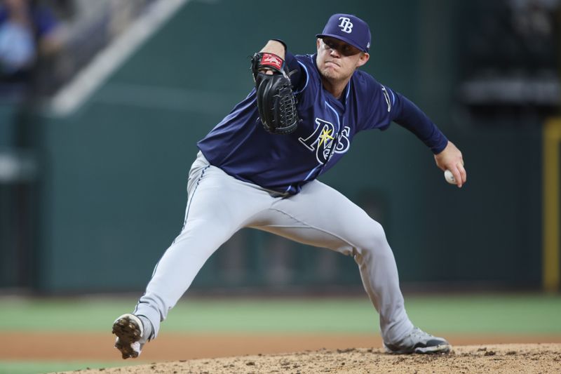 Apr 6, 2025; Arlington, Texas, USA; Tampa Bay Rays pitcher Garrett Cleavinger (60) throws a pitch in the sixth inning against the Texas Rangers at Globe Life Field. Mandatory Credit: Tim Heitman-Imagn Images