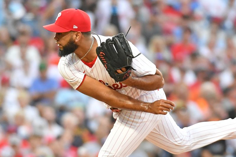 Jul 26, 2023; Philadelphia, Pennsylvania, USA; Philadelphia Phillies relief pitcher Seranthony Dom nguez (58) throws a pitch against the Baltimore Orioles during the seventh inning at Citizens Bank Park. Mandatory Credit: Eric Hartline-USA TODAY Sports