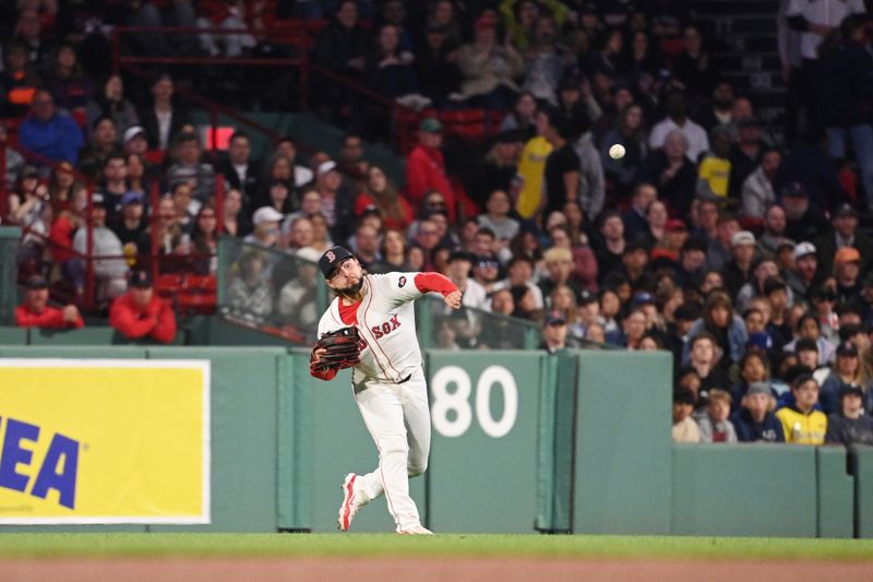 May 30, 2024; Boston, Massachusetts, USA; Boston Red Sox right fielder Wilyer Abreu (52) throws the ball to home plate during the sixth inning against the Detroit Tigers at Fenway Park. Mandatory Credit: Eric Canha-USA TODAY Sports