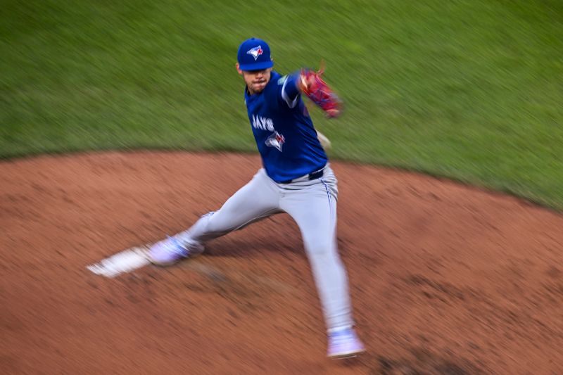 May 13, 2024; Baltimore, Maryland, USA; Toronto Blue Jays pitcher José Berríos (17) throws a second inning pitch against the Baltimore Orioles  at Oriole Park at Camden Yards. Mandatory Credit: Tommy Gilligan-USA TODAY Sports