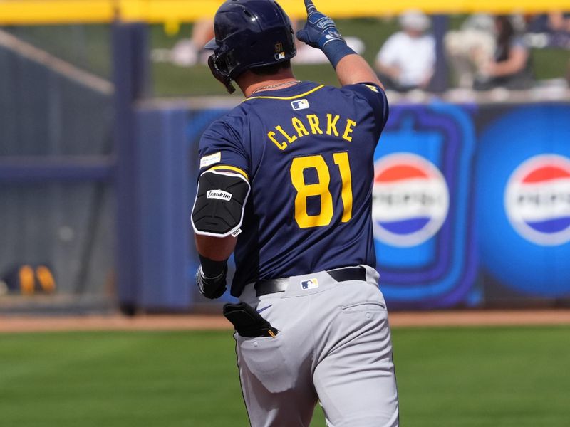 Feb 24, 2024; Peoria, Arizona, USA; Milwaukee Brewers designated hitter Wes Clarke (81) runs the bases after hitting a home run against the San Diego Padres during the second inning of a Spring Training game at Peoria Sports Complex. Mandatory Credit: Joe Camporeale-USA TODAY Sports