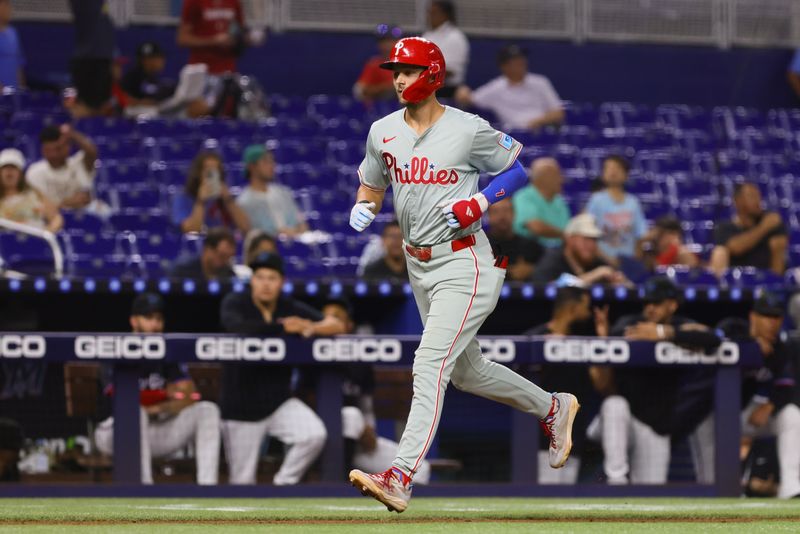 Sep 6, 2024; Miami, Florida, USA;  Philadelphia Phillies shortstop Trea Turner (7) circles the bases after hitting a home run against the Miami Marlins during the second inning at loanDepot Park. Mandatory Credit: Sam Navarro-Imagn Images