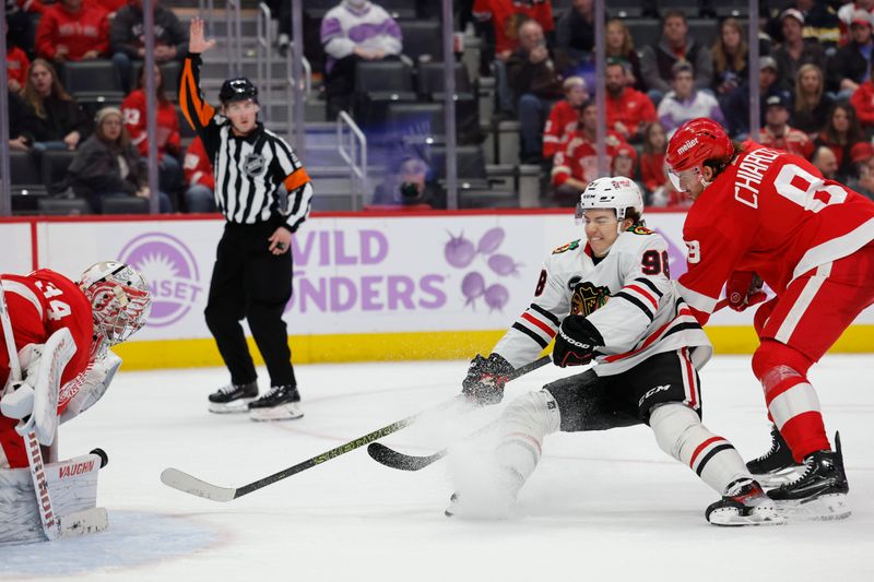 Nov 30, 2023; Detroit, Michigan, USA; Chicago Blackhawks center Connor Bedard (98) skates with the puck defended by Detroit Red Wings defenseman Ben Chiarot (8) in the third period at Little Caesars Arena. Mandatory Credit: Rick Osentoski-USA TODAY Sports