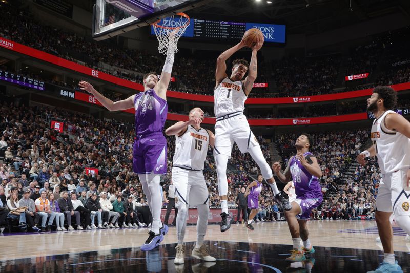 SALT LAKE CITY, UT - WEDNESDAY 27: Michael Porter Jr. #1 of the Denver Nuggets looks to pass the ball during the game against the Utah Jazz on Wednesday 27, 2024 at vivint.SmartHome Arena in Salt Lake City, Utah. NOTE TO USER: User expressly acknowledges and agrees that, by downloading and or using this Photograph, User is consenting to the terms and conditions of the Getty Images License Agreement. Mandatory Copyright Notice: Copyright 2024 NBAE (Photo by Melissa Majchrzak/NBAE via Getty Images)